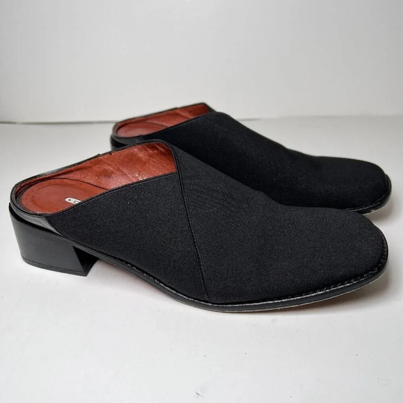 Donald Pliner Mule Heels Size 7.5 Black Cross Over Top Square Toe Shoes Spain - Picture 1 of 11